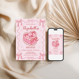 Puede incluir: Una invitaci&oacute;n de cumplea&ntilde;os rosa con un dise&ntilde;o de pastel en forma de coraz&oacute;n y el texto "30 cumplea&ntilde;os de Elizabeth". La invitaci&oacute;n se muestra junto a un tel&eacute;fono inteligente que muestra el mismo dise&ntilde;o. El dise&ntilde;o incluye lazos y corazones.