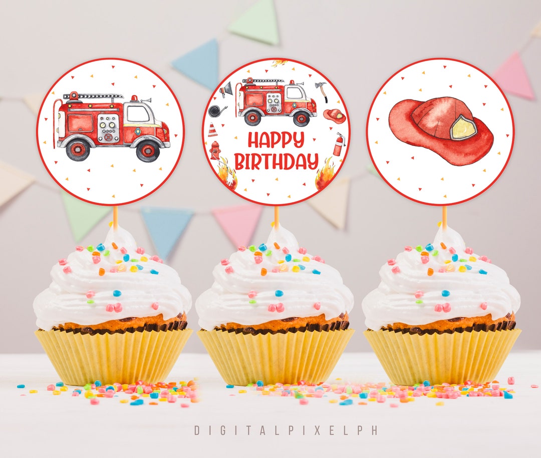 24 Decorazioni Per Cupcake Vigili Del Fuoco, Camion Pompieri, Per Compleanno Bambino, Topper Per Torte Fai Da Te