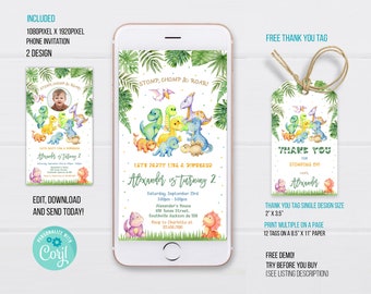 Dinosaur Electronic Invitation Template, Dinosaur Birthday Phone Invitation, Dinosaur Thank you tag, Editable Electronic Invitation