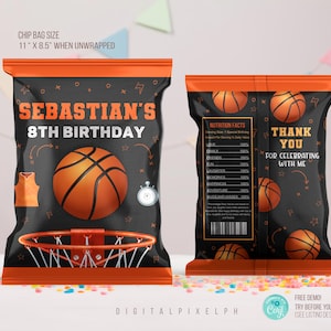 May include: Orange and black chip bag favor with a basketball theme. The front of the bag says "Sebastian's 8th Birthday" with a basketball and a basketball hoop. The back of the bag says "Thank You for celebrating with me" with a basketball and a nutrition facts label.