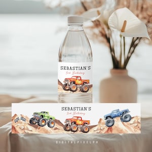 Monster Truck Birthday Water Bottle Label, Editable Template (Digital Download)