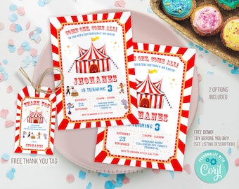 Carnival Birthday Invitation, Circus Birthday Invitation, Carnival Invitation, Carnival  circus thank you tag, Editable Template