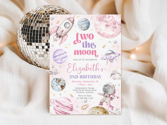 Outer Space Birthday Invitation Template, Two the Moon Birthday Invitation (Digital Download)
