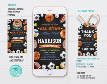 Sports Electronic Invitation Template, Sports Ball Birthday Phone Invitation, Sports Thank you tag, Sports ball Electronic Invitation