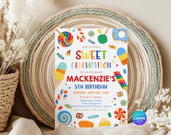 Sweets Candy Birthday Invitation Template, Sweets Thank You Tags (Digital Download)