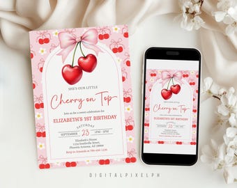 Cherry Birthday Invitation, Coquette Pink Bow Invite (Digital Download)