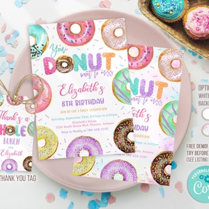 Donut Birthday Invitation, Donut Birthday Invite, Donut Party Invitation, Donut Thank you tag, Editable Invitation