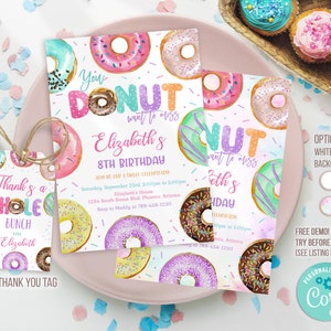 Editable Donut Birthday Invitation template, Donut Birthday Invitation, Donut Party Invitation, Donut Thank you tag, Donut Invitation M3L