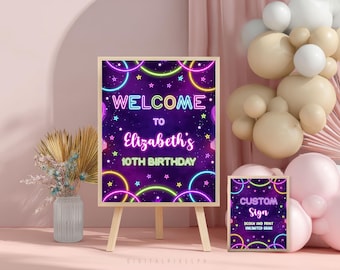 Glow Party Welcome Sign Template, Neon Birthday Custom Sign (Digital Download)