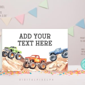 Bearbeitbares Monster Truck Food Label, Monster Truck Food Tent Karten, Monster Truck Food Tent Etikett, Monster Truck Food Label