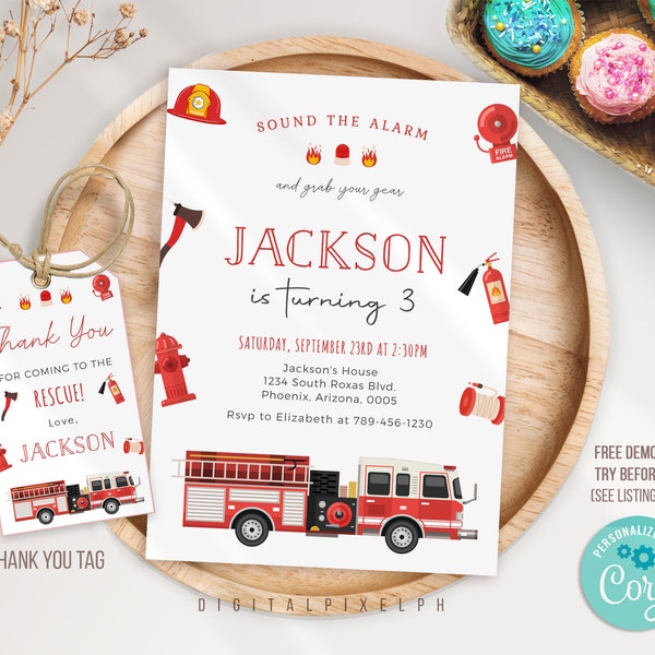 Editable Firetruck Invitation, Fire truck Birthday Invitation, Firetruck Invitation, Fire truck invitation, Firetruck thank you tags