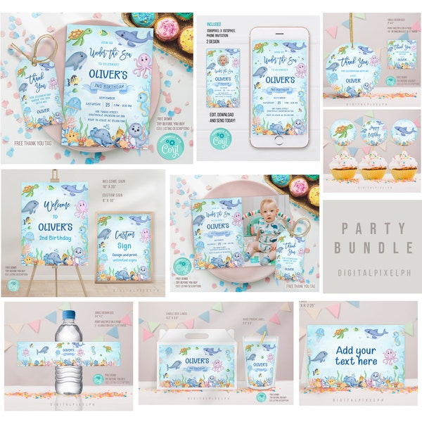 Editable Under the Sea Birthday Invitation Bundle Template, Under the Sea Welcome Custom Sign, Under the Sea label, Under the Sea decor