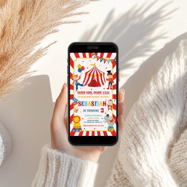 Plantilla de invitación telefónica de cumpleaños con temática de circo, invitación de carnaval (electrónica)