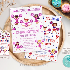 EDITABLE Cheerleader Birthday Invitation, Cheerleader Birthday Invite, Cheerleader invitations, Cheerleader thank you tags