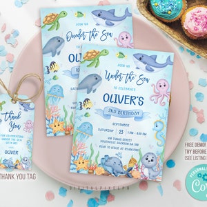 Editable Under The Sea Birthday Invitation, Editable Ocean Animals Party Invite Template, Under The Sea thank you tag, DPH