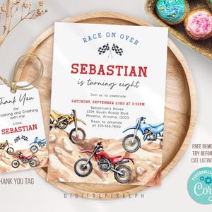 Bearbeitbare Dirt Bike-Geburtstags-Einladung, Dirt Bike-Einladung, Dirt Bike-Dankeschön-Tag, Motorrad-Einladung, Renneinladung, RNWL