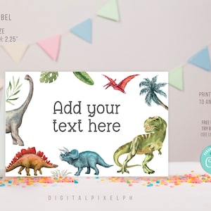 Etiqueta editável de comida de dinossauro, cartões de barraca de comida para festa de aniversário de dinossauro, etiqueta de barraca de comida de dinossauro