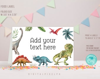 Editable Dinosaur Food Label, Dinosaur Birthday Party Food Tent Cards, Dinosaur Food Tent Label