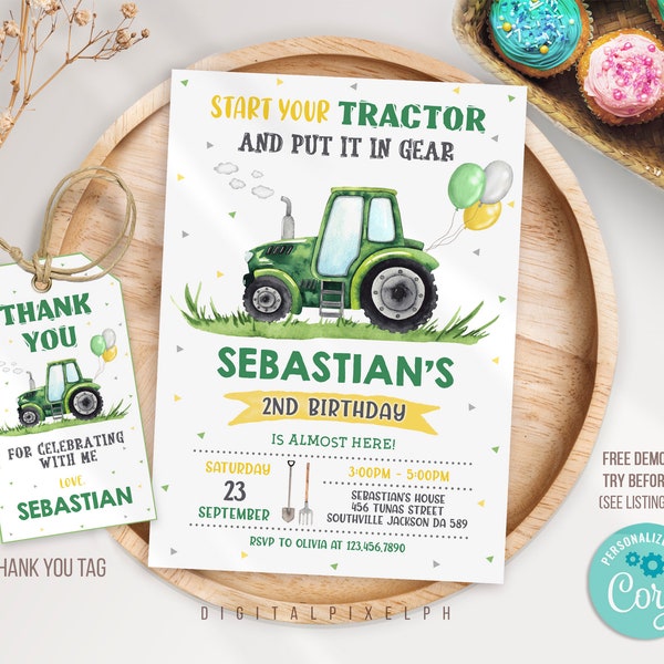 Editable Tractor Invitation, Green Tractor Birthday Invitation, Green Tractor Invitation, Tractor invitation, Green Tractor thank you tags