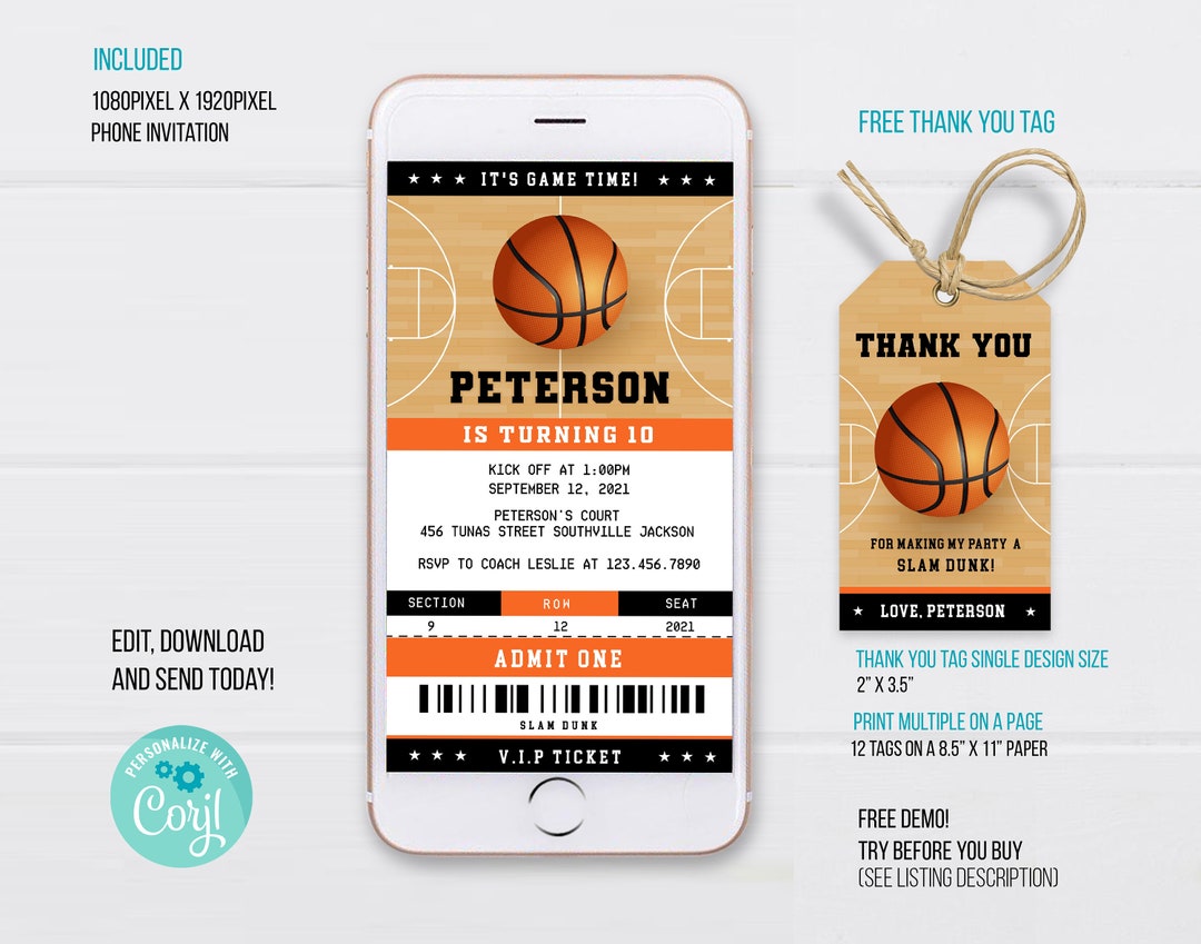 Basketball Ticket Electronic Invitation Template Basketball Etsy