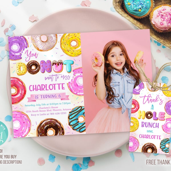 Donut Birthday Party Invitation Template with photo, Donut Birthday Invitation, Donut thank you tag, Printable, Instant download