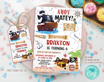 Pirate Invitation, Pirate Birthday Invitation, Pirate Editable Invitation Template, Pirate thank you tags