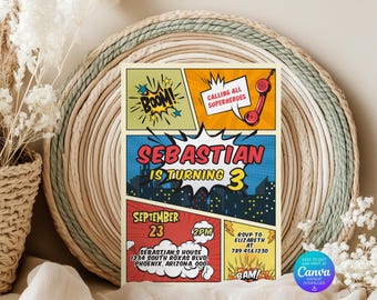 Sjabloon voor een verjaardagskaart met superheldenthema uit een stripboek, bedankkaartjes met superheldenthema (digitale download)