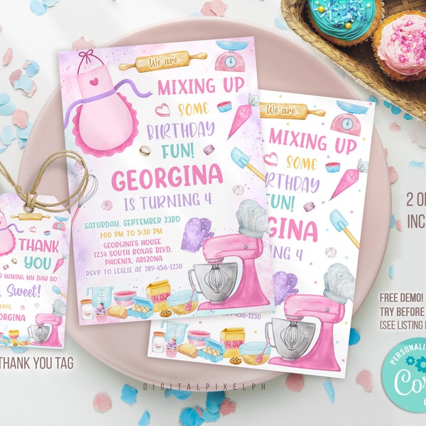 Editable Baking Birthday Party Invitation, Baking Party Invite, Cooking Birthday Invitation, Baking Thank you tag, Editable Template