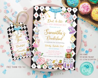 EDITABLE Alice in Wonderland Birthday Invitation, Alice in Wonderland invitation template, Alice in Wonderland thank you tags