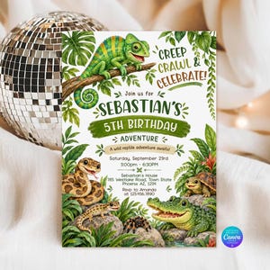May include: A rectangular birthday invitation card featuring a green chameleon, a snake, a lizard, a turtle, a crocodile, and a spider amidst tropical foliage. The text reads: CREEP CRAWL & CELEBRATE! JOIN US FOR SEBASTIAN'S 5TH BIRTHDAY ADVENTURE.