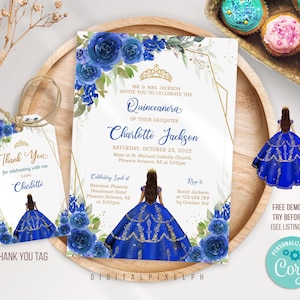 Plantilla editable de invitación de Quinceañera Azul Real, Invitación Mis Quince, Invitación de Quinceañera, Etiqueta de agradecimiento de Quinceañera M3L
