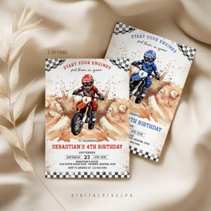 May include: Two birthday party invitations with a motocross theme. One shows a rider in red gear on a dirt bike, the other in blue. Text includes "Start Your Engines" and details for Sebastian's 4th birthday.