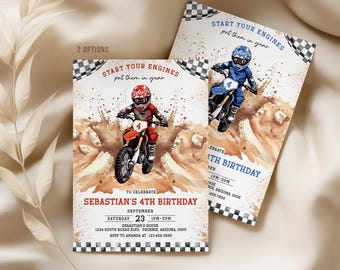 May include: Two birthday party invitations featuring motocross themes. One shows a rider in red gear on a dirt bike, the other in blue. Text includes "Start Your Engines" and details for Sebastian's 4th birthday.
