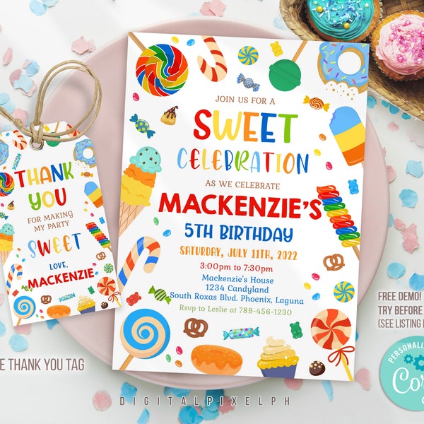 Editable Sweets Candy Invitation, Sweet Candy Birthday Invitation, Sweet Celebration Birthday Invitation, Candy Invitation Template