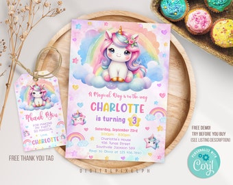 Editable Unicorn Birthday Invitation, Unicorn Birthday Invite, Unicorn Party Invitation, Unicorn Thank you tag,