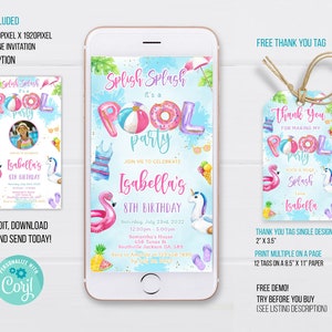 Pool Party Phone Birthday Invitation Template, Pool Party Electronic Invitation, Pool Party thank you tag, Electronic Invite, Phone Invite