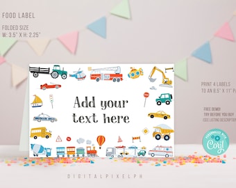 Editable Transportation Food Label, Transportation Vehicle Food Tent Cards, Transportation Vehicle Food Tent Label