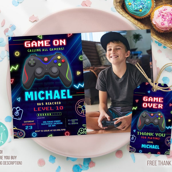 Video Game Invitation, Gaming Party Invitation, Gamer Party Invitation, Video Game Birthday Invitation, Video Game thank you tag