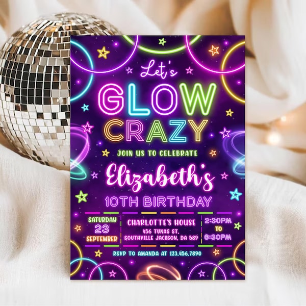 Neon Glow Birthday Invitation, Editable Template (Digital Download)