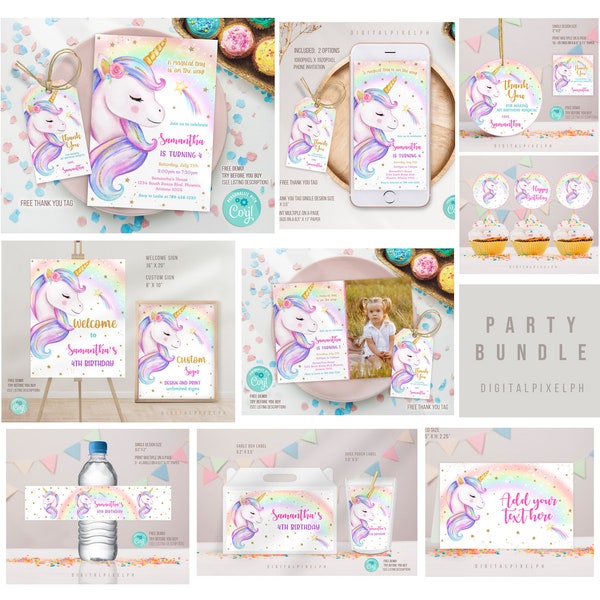 Editable Unicorn Birthday Invitation Bundle Template, Unicorn Welcome Custom Sign, Unicorn label, Unicorn party decor