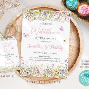 Editable Wildflower Birthday Party Invitation Template, Wildflower Birthday Invitation, Wildflower thank you tag, Flower Invitation