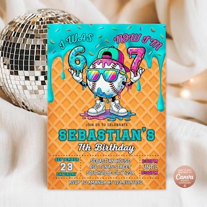 May include: A baseball-themed birthday invitation with a cartoon baseball character wearing sunglasses and a cap, holding the numbers 6 and 7. The invitation is orange with teal accents and includes the text "Sebastian's 7th Birthday."