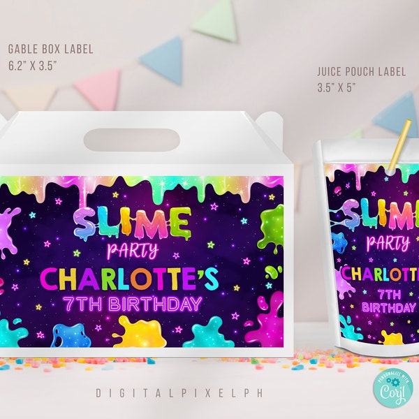 Editable Slime Party Capri Sun Labels, Slime Party Juice Labels, Slime Party Gable Box Favor Label, Slime Party Favour Box Label
