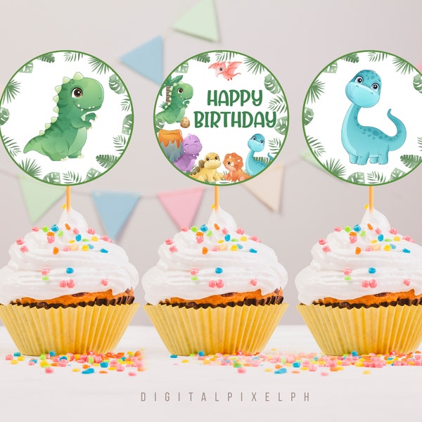 Dinosaur Birthday Cupcake Toppers, Dinosaur Cupcake Toppers, Instant Download, Non-Editable