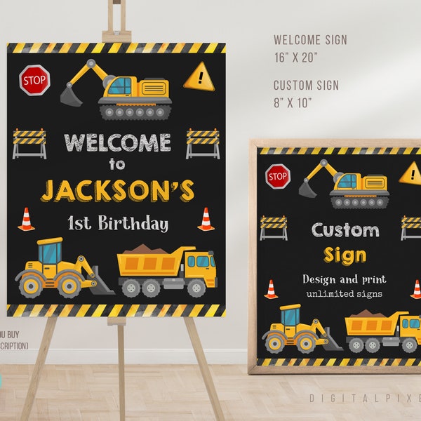 Editable Construction Birthday Party Welcome Sign Template, Construction Birthday Party Custom Sign Template