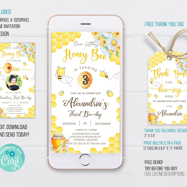 Bee Phone Birthday Invitation Template, Honey Bee Electronic Invitation, Honey Bee thank you tag, Bee Electronic Invite, Bee Phone Invite