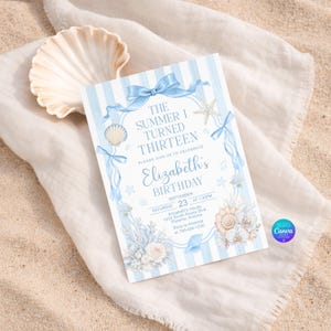 May include: A rectangular birthday invitation card featuring a light blue and white striped background, decorated with watercolor illustrations of seashells, starfish, coral, white flowers, and blue ribbons. The text reads: THE SUMMER I TURNED THIRTEEN, PLEASE JOIN US TO CELEBRATE, Elizabeth's BIRTHDAY, SATURDAY SEPTEMBER 23 AT 1:30PM, Elizabeth's House, 1234 South Roxas Blvd, Phoenix, Arizona, Rsvp to Amanda at 789-456-1230.