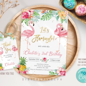 Modèle modifiable d'invitation d'anniversaire flamant rose, invitation flamant rose, invitation d'anniversaire tropical, étiquette de remerciement flamant rose, RNWL2