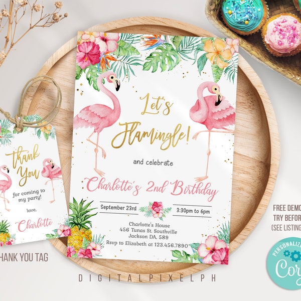 Editable Flamingo Birthday Invitation template, Flamingle Invitation, Tropical Birthday Invitation, Flamingo thank you tag