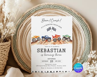 Monster Truck Birthday Invitation Template, Monster Truck Thank You Tags (Digital Download)